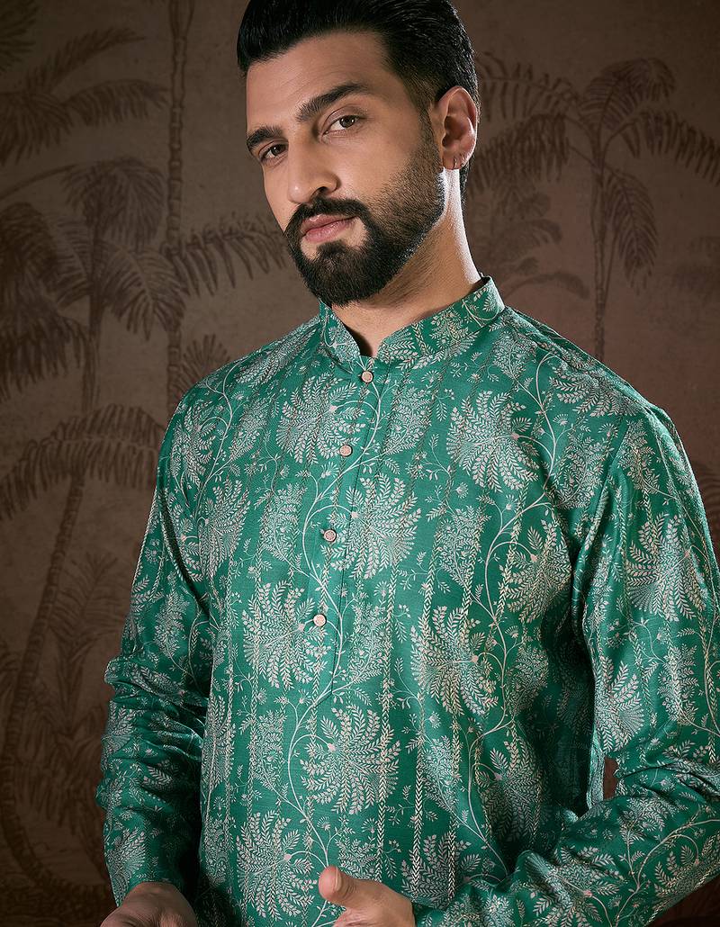 Men teal silk blend floral printed straight kurta with trouser