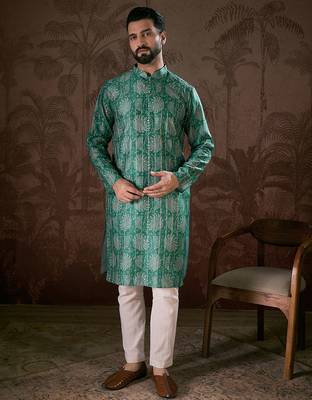 Men teal silk blend floral printed straight kurta with trouser 2