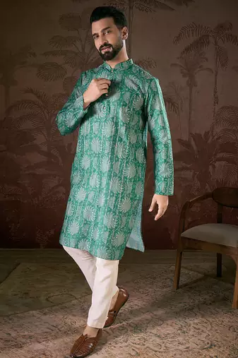 Men teal silk blend floral printed straight kurta with trouser