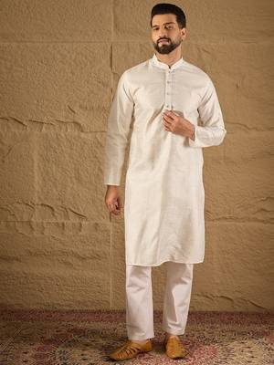 Men white silk blend solid embroidered straight kurta 1