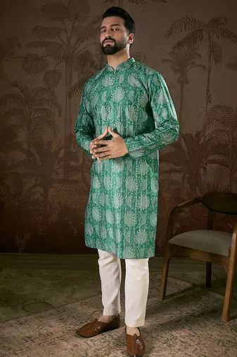 Men teal silk blend floral printed straight kurta with trouser