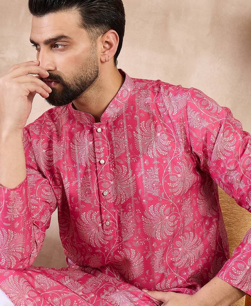 Men pink silk blend floral printed straight kurta with trouser