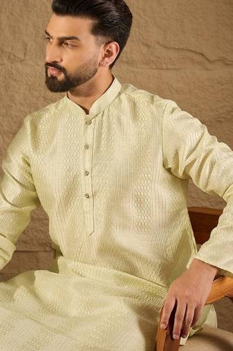 Men green silk blend embroidered straight kurta