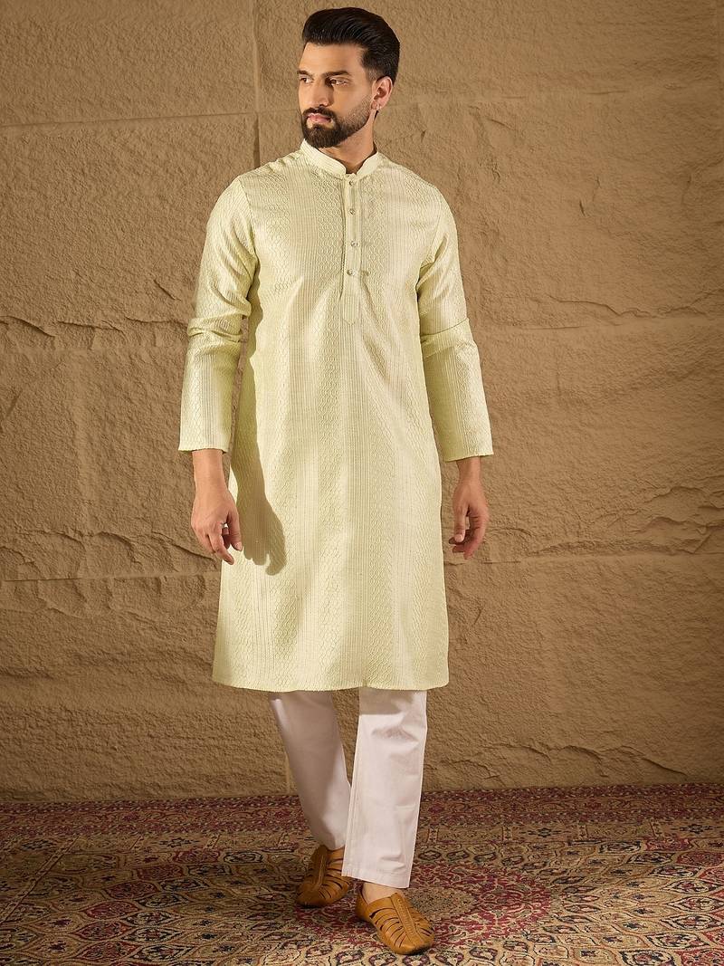 Men green silk blend embroidered straight kurta