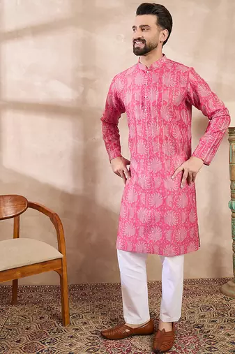 Men pink silk blend floral printed straight kurta with trouser