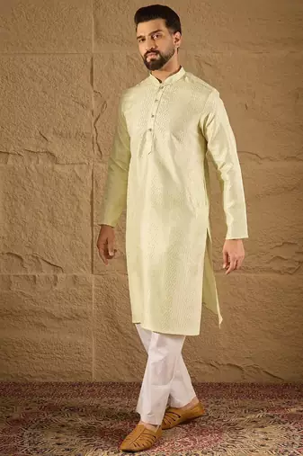 Men green silk blend embroidered straight kurta