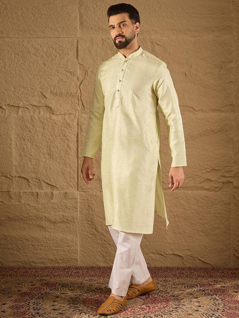 Men green silk blend embroidered straight kurta