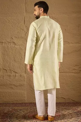 Men green silk blend embroidered straight kurta