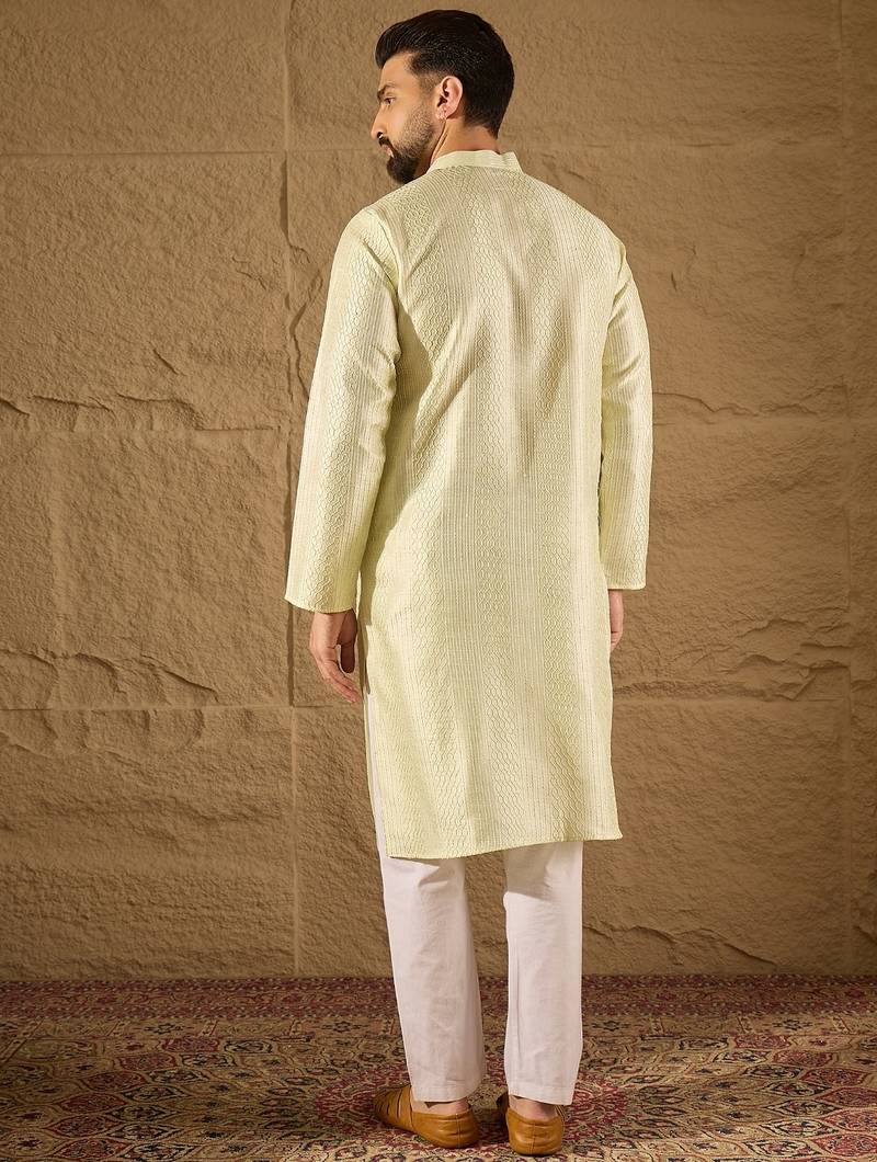 Men green silk blend embroidered straight kurta