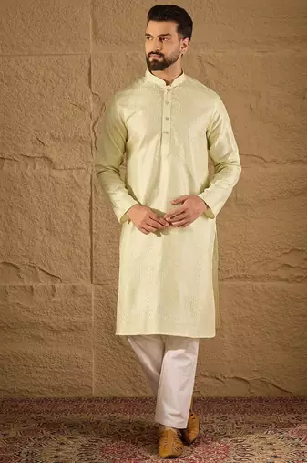 Men green silk blend embroidered straight kurta