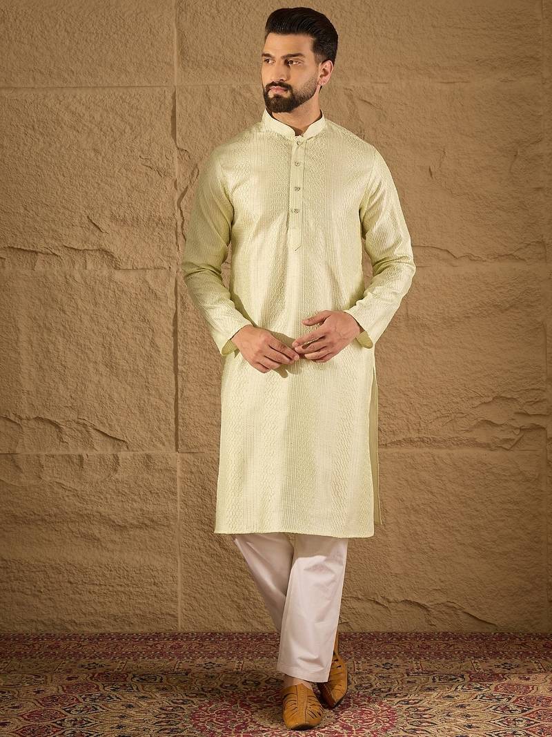 Men green silk blend embroidered straight kurta