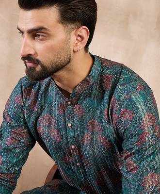 Men blue silk blend floral printed straight kurta with trouser 1