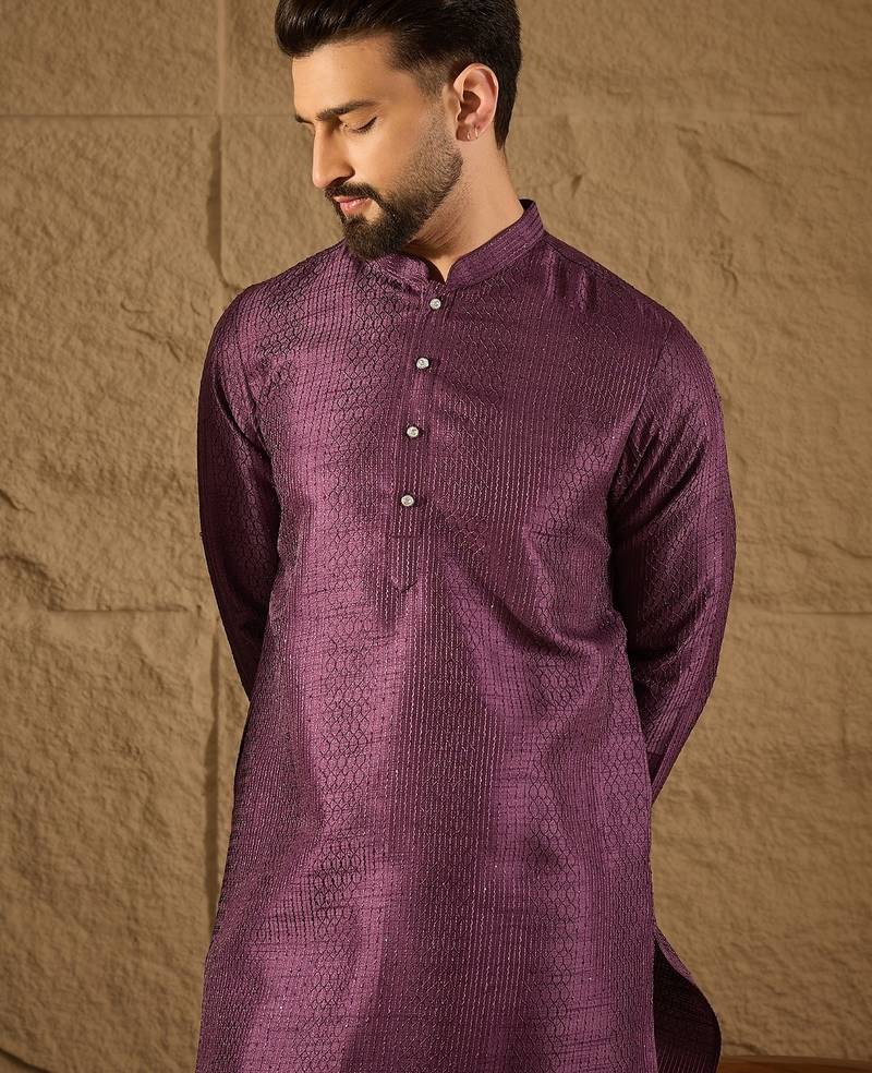 Men purple silk blend solid embroidered straight kurta
