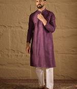 Men purple silk blend solid embroidered straight kurta