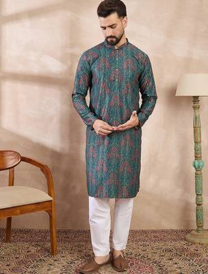 Men blue silk blend floral printed straight kurta with trouser 2