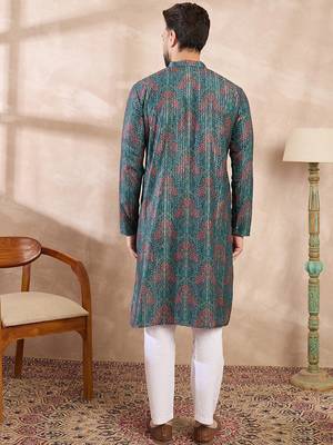 Men blue silk blend floral printed straight kurta with trouser 4