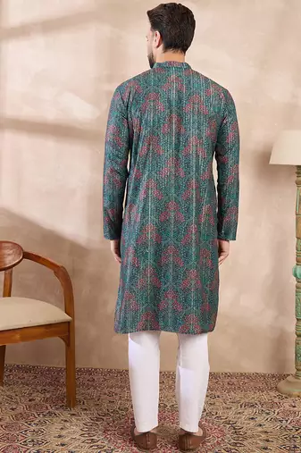 Men blue silk blend floral printed straight kurta with trouser