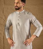Men grey silk blend solid embroidered straight kurta