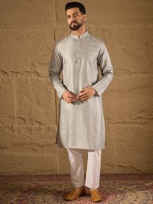 Men grey silk blend solid embroidered straight kurta 2