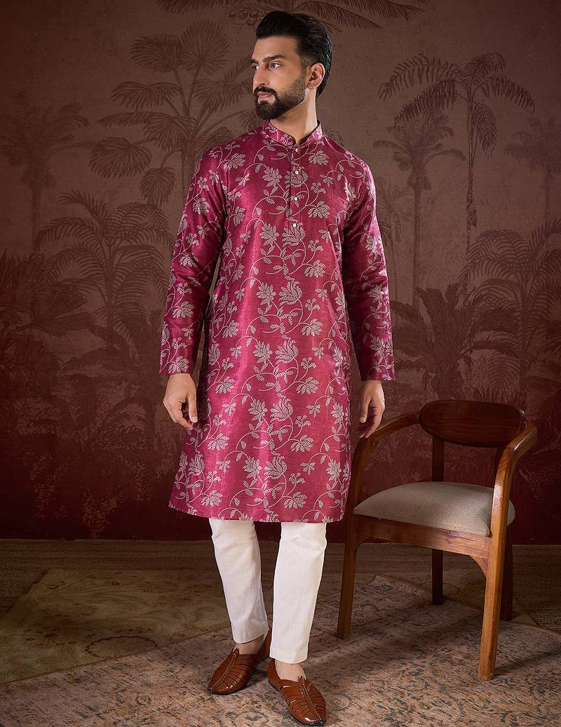 Men red silk blend floral printed straight kurta with trouser