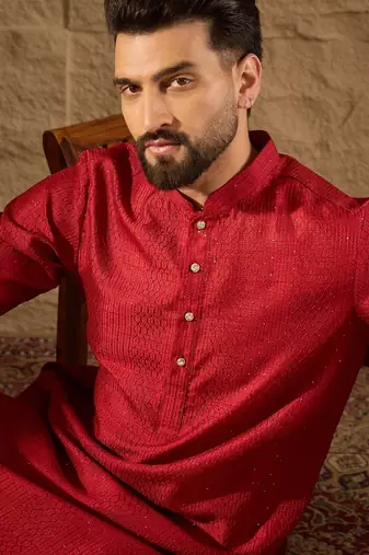 Men red silk blend solid embroidered straight kurta