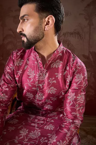 Men red silk blend floral printed straight kurta with trouser