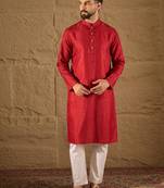 Men red silk blend solid embroidered straight kurta