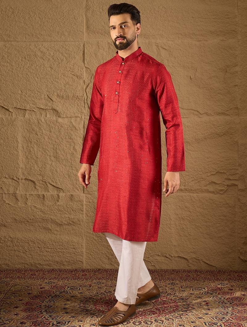 Men red silk blend solid embroidered straight kurta