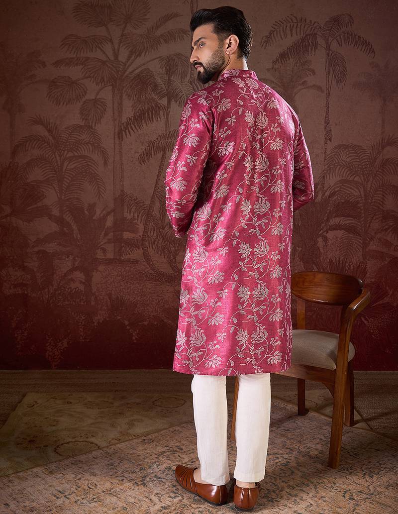 Men red silk blend floral printed straight kurta with trouser