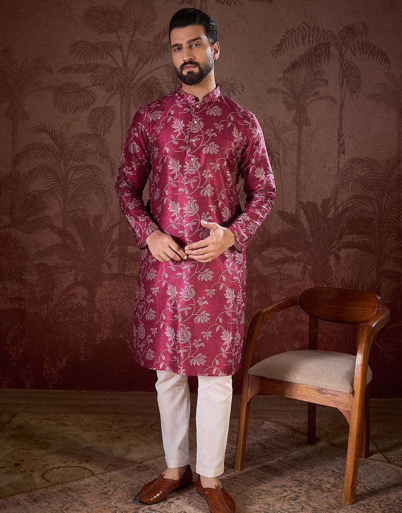 Men red silk blend floral printed straight kurta with trouser