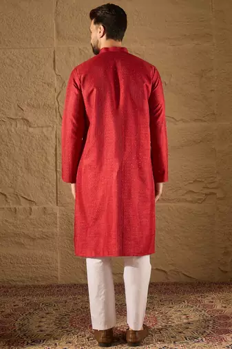 Men red silk blend solid embroidered straight kurta