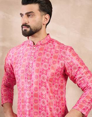 Men pink silk blend ethnic motifs printed straight kurta with trouser 1