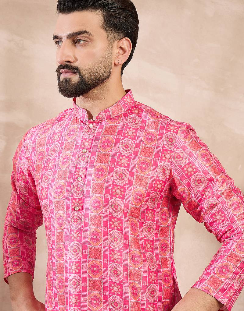Men pink silk blend ethnic motifs printed straight kurta with trouser