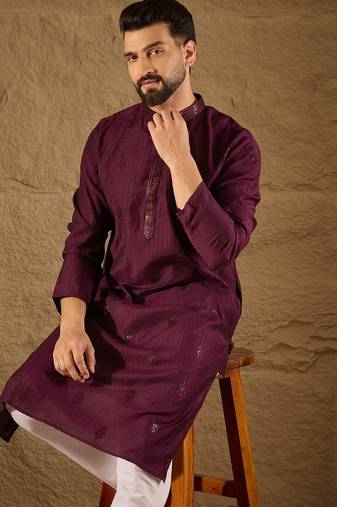Men purple viscose rayon solid embroidered straight kurta