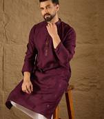 Men purple viscose rayon solid embroidered straight kurta