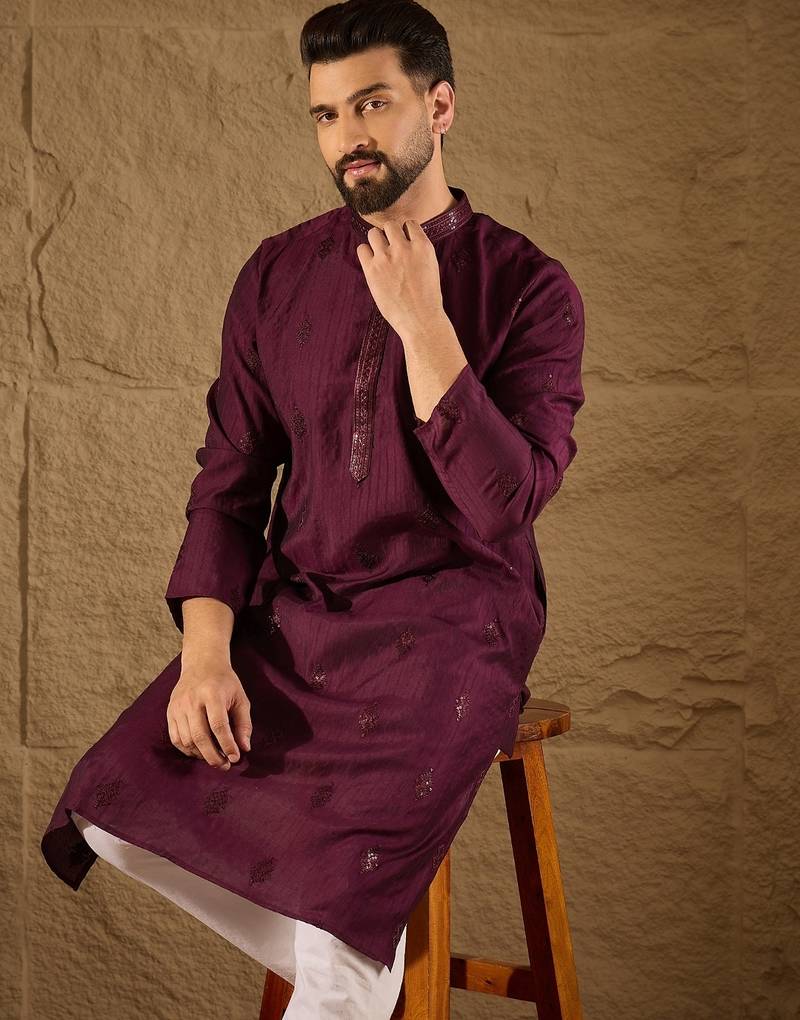 Men purple viscose rayon solid embroidered straight kurta