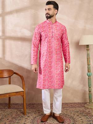 Men pink silk blend ethnic motifs printed straight kurta with trouser 2