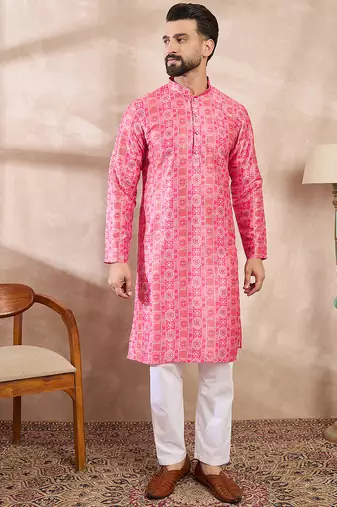 Men pink silk blend ethnic motifs printed straight kurta with trouser