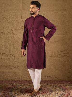 Men purple viscose rayon solid embroidered straight kurta 3