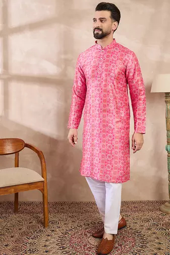 Men pink silk blend ethnic motifs printed straight kurta with trouser