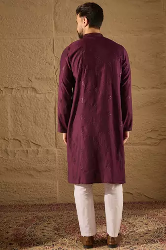 Men purple viscose rayon solid embroidered straight kurta