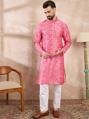Men pink silk blend ethnic motifs printed straight kurta with trouser 5