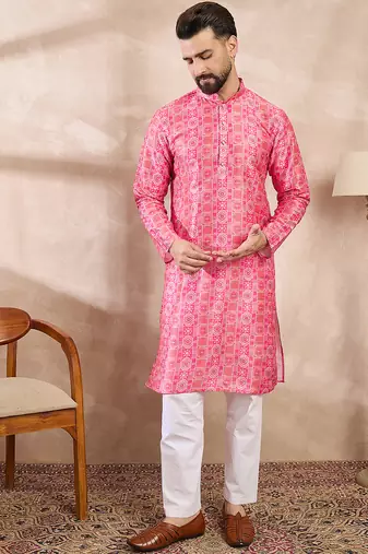 Men pink silk blend ethnic motifs printed straight kurta with trouser