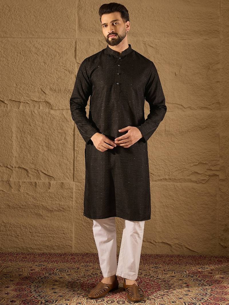 Men black silk blend solid embroidered straight kurta