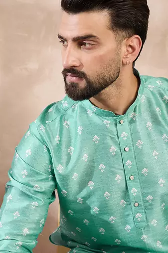Men teal silk blend ethnic motifs printed straight kurta with trouser