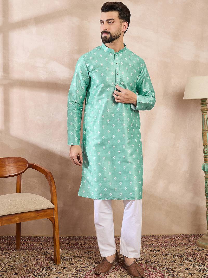 Men teal silk blend ethnic motifs printed straight kurta with trouser