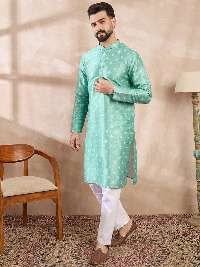 Men teal silk blend ethnic motifs printed straight kurta with trouser