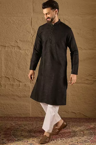Men black silk blend solid embroidered straight kurta