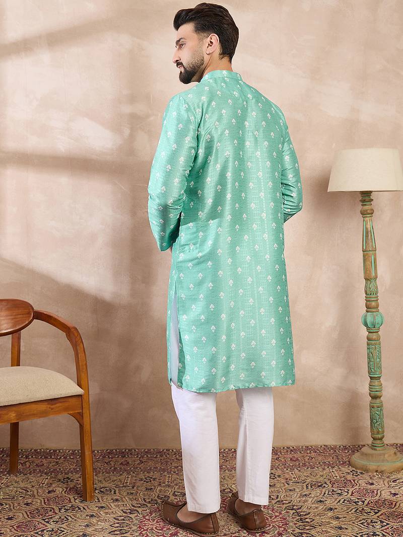 Men teal silk blend ethnic motifs printed straight kurta with trouser