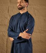 Men blue viscose rayon solid embroidered straight kurta